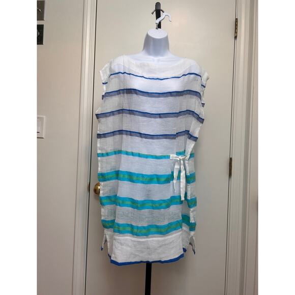 Lemlem Cotton Tunic Cover-Up White Blue Turquoise Stripes Sz Small Front Tie